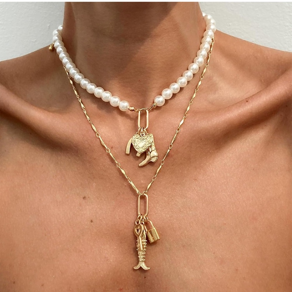 New! Gold Charms Layered Necklace (1016)